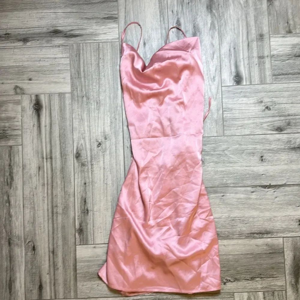 PrettyLittleThing Pink Satin Cowl Lace Up Bodycon Dress US 6